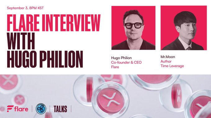 A promotional banner for 'FLARE INTERVIEW WITH HUGO PHILION' on September 3, 8PM KST, featuring Hugo Philion (Co-founder & CEO, Flare) and Mr. Moon (Author).