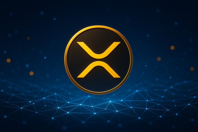 A golden XRP cryptocurrency logo on a dark blue background with a digital network pattern.
