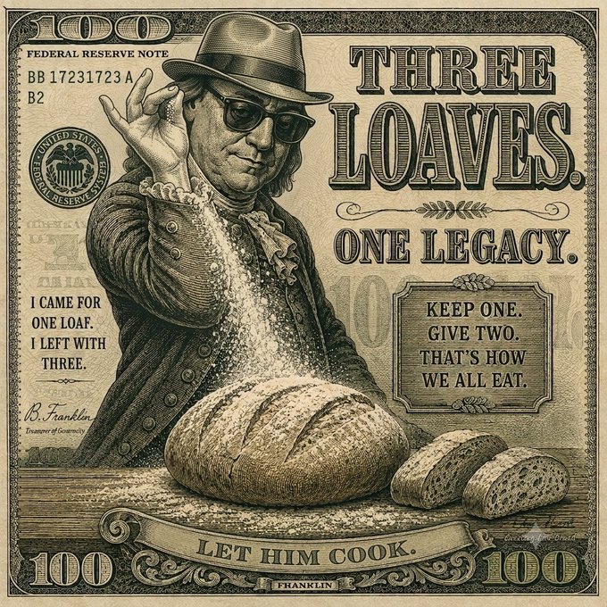 A stylized $100 bill design featuring Benjamin Franklin wearing a fedora and sunglasses, sprinkling flour over loaves of bread, with text reading 'THREE LOAVES. ONE LEGACY.' and 'LET HIM COOK.'