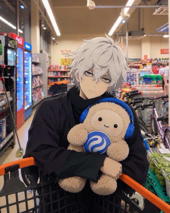 An anime-style white-haired character in a black coat sits in a shopping cart holding a plush mascot wearing blue headphones with the Injective (INJ) logo.