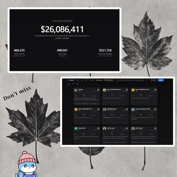 A promotional graphic featuring screenshots of a blockchain data dashboard showing over $26 million in transaction volume and an AI agents marketplace, decorated with leaf illustrations and a small cartoon character.