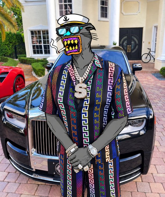 A cartoonish anthropomorphic gray cat figure wearing a sailor hat, sunglasses, gold chains with a 'S' pendant, and a colorful patterned outfit stands in front of a black Rolls-Royce.