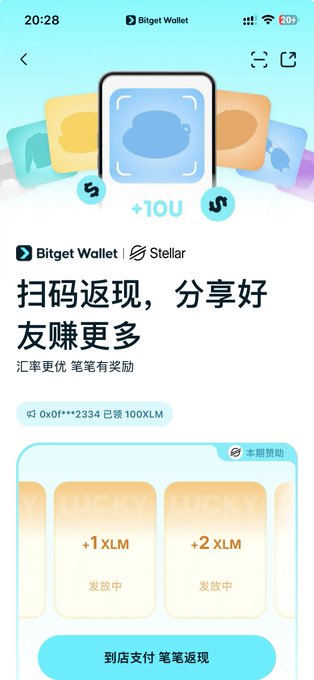 The image shows a Bitget Wallet promotional screen featuring a "+10U" reward graphic, the text "扫码返现，分享好友赚更多" (Scan to get cashback, share with friends to earn more), and Stellar/XLM farming boxes offering "+1 XLM" and "+2 XLM" rewards, illustrating the bgw-to-Maya-to-bgw infinite XLM rewards farming loop described in the post.