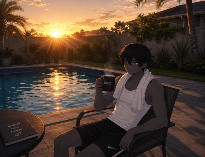 An anime-style illustration shows a dark-haired male character with red eyes and a white towel sitting by a pool at sunset, holding a "FOCUS" mug with a book titled "Discipline Focus Freedom" nearby.