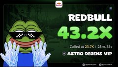 The image is a promotional graphic featuring the cartoon Pepe the Frog character wearing pixelated "thug life" sunglasses and a blue shirt, with green dollar signs floating in the background and two hands with dollar signs displayed at the bottom. It showcases a token called "REDBULL" priced at 43.2X (valued at 32.7K with 25M market cap and 316 holders), marked with an "ASTRO DEGENS VIP" badge, celebrating the trader's significant +245% profit of $24,000 on their SOL investment as mentioned in the tweet.
