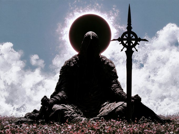 Dark fantasy artwork depicting a hooded figure in robes holding an ornate staff topped with a sun-and-wheel symbol, seated in a field of flowers with a solar eclipse in the sky behind them.