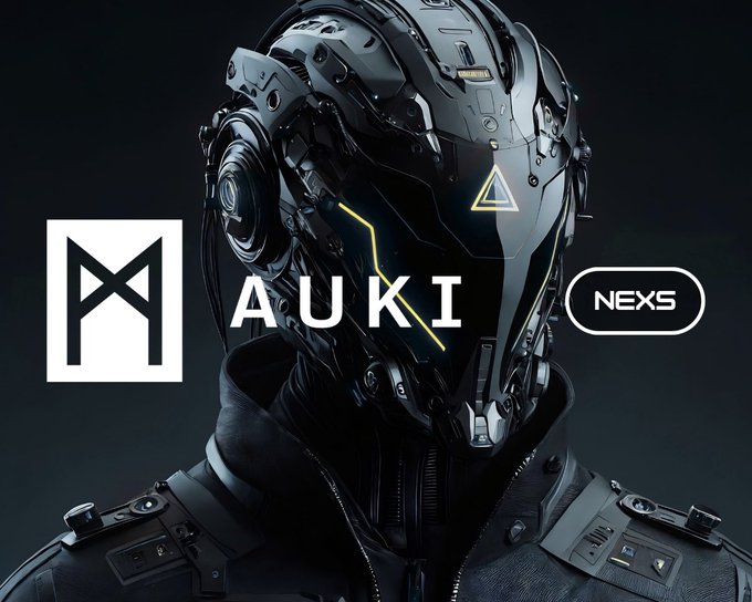 The image features a futuristic helmet with a face plate that displays the word "AUKI" written across its surface, along with a logo for the Swedish Prime Minister's office. The helmet is positioned against a dark background, making it stand out prominently in the image. The caption below the image reads "@CactusXR: @Auki’s spatial AI copilot for retail Oh, and it's taking place inside an ICA store: Sweden's leading grocery retailer Levels to this ↓".