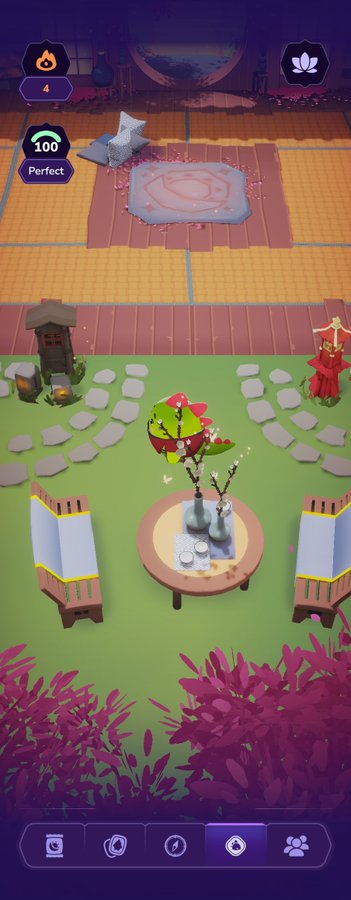 A mobile game screenshot showing a serene garden scene with a table, vases, and seating, with a score of 100 'Perfect' at the top.