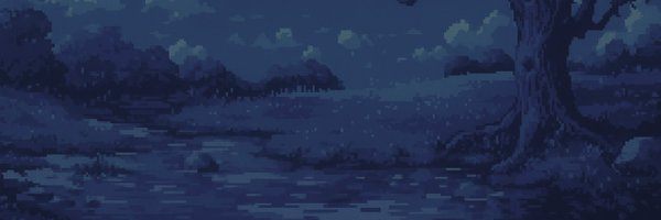 A pixel art nighttime landscape featuring a large tree, a body of water, dark purple vegetation, and small floating cloud-like shapes in the sky.