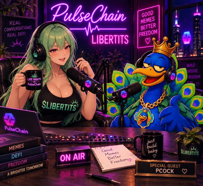 An anime-style illustration depicts a podcast titled 'PulseChain' featuring a green-haired host alongside a peacock character labeled 'PCOCK' as the special guest, with neon signs reading 'GOOD MEMES BETTER FREEDOM' and 'LIBERTITS'.