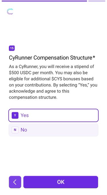The image shows a phone screen with an app called CyRunner Compensation Structure, which allows users to receive compensation for their work on the platform. The app provides information about the compensation structure and asks users if they would like to accept or decline the offer.