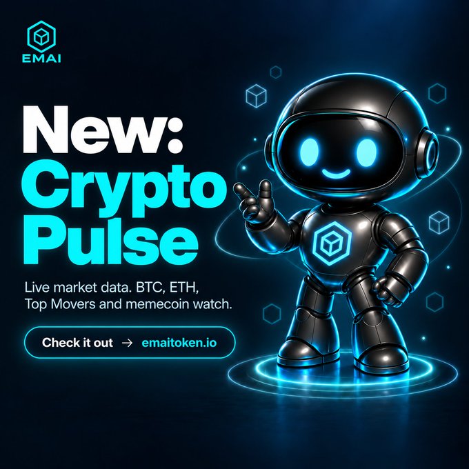 Promotional graphic for 'New: Crypto Pulse' by EMAI token, featuring a 3D black robot pointing at text about live market data for BTC, ETH, and memecoins, directing to emaitoken.io.