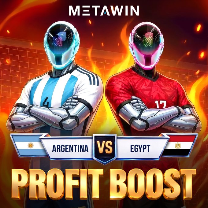 A promotional MetaWin graphic for an Argentina vs Egypt matchup featuring two robotic players in blue-and-white stripes (#4) and red (#17) jerseys against a fiery background, with bold "PROFIT BOOST" text and a 100% Profit Boost offer tied to a winning 1X2 bet conditioned on both Messi and Salah scoring.