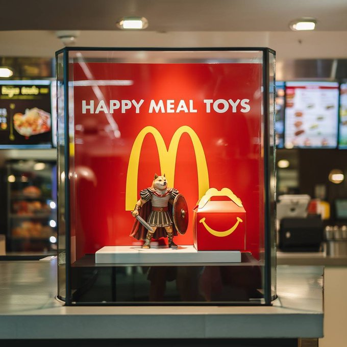 The image features a display case at a McDonald's restaurant, showcasing a toy soldier with a shield and a box of Happy Meal toys. A sign above the display reads "Happy Meal Toys", indicating that the store accepts dogecoin as payment for these items. The display is located in front of a counter where customers can place their orders or make payments using the provided coin slot.