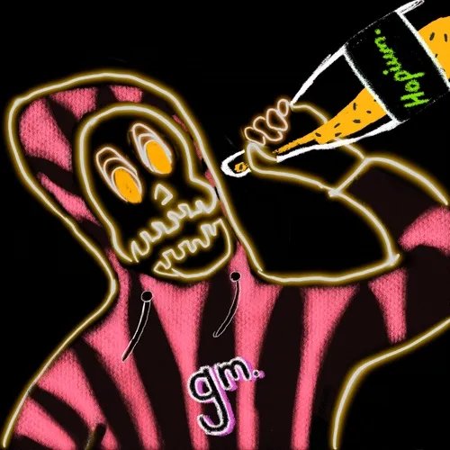 A neon-style digital artwork depicting a skeleton character drinking from a bottle labeled 'monday,' with the text 'gm.' displayed on its clothing.