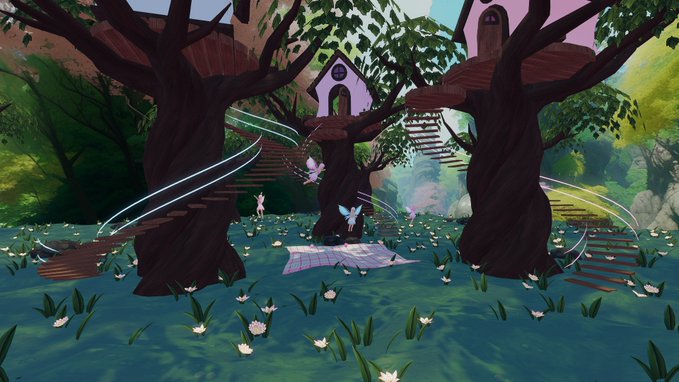 A fantasy illustration depicting a magical forest scene with large trees, treehouses, wooden bridges, fairies, a unicorn, and a picnic blanket on a flower-filled meadow.