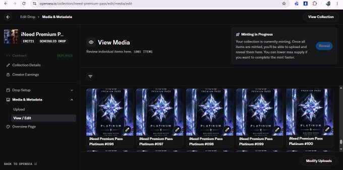 A screenshot of a web dashboard titled 'Edit Drop' displays a grid of 'iNeed Premium Pass Platinum' digital collectible cards numbered #096 through #100, with a 'Minting in Progress' alert visible.