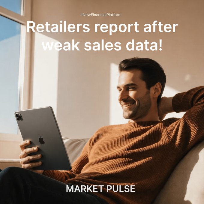 A relaxed man in a brown sweater smiles while looking at an iPad in a sunlit room. The image includes text reading "#NewFinancialPlatform," "Retailers report after weak sales data!" and "MARKET PULSE," aligning with a post about upcoming retailer earnings following last week's disappointing US retail sales.
