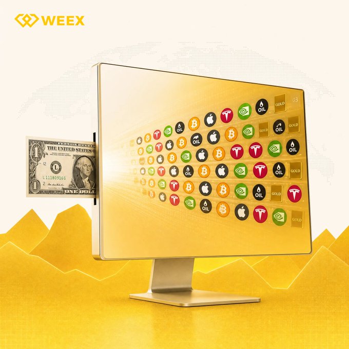A WEEQ promotional graphic showing a gold computer monitor displaying icons for various assets (Bitcoin, Tesla, NVIDIA, Apple, oil, gold), with a one-dollar bill emerging from its side.