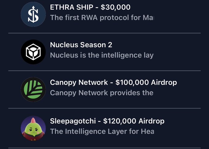 The image displays a list of four crypto airdrop opportunities with their respective prize amounts: ETHRA SHIP ($30,000), Nucleus Season 2, Canopy Network ($100,000 Airdrop), and Sleepagotchi ($120,000 Airdrop), each accompanied by project logos. This visual aligns with the post highlighting Nucleus as the best earning opportunity, showcasing the multiple campaigns mentioned including Ethra's $30k prize pool, Nucleus's own $AURA rewards campaign, and Canopy Network's $100k airdrop for top participants.