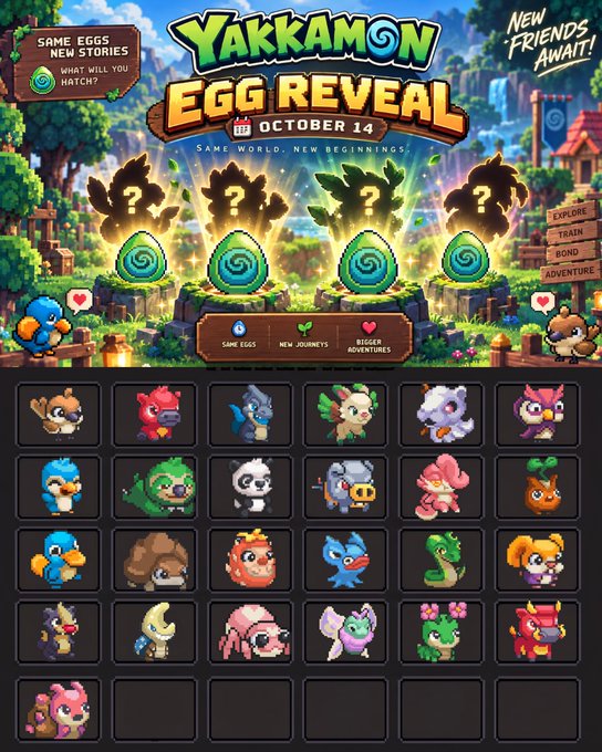 A promotional graphic for 'YAKKAMON EGG REVEAL ON OCTOBER 14' shows four mystery eggs on pedestals above a grid of various creature character designs.