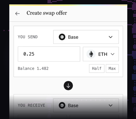 A mobile app screen showing a 'Create swap offer' interface to send 0.25 ETH on the Base network from a balance of 1.482.
