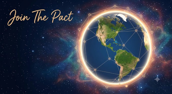 A graphic featuring a glowing globe encircled by a network of connected nodes against a starry space background, with the text 'Join The Pact' in gold script.