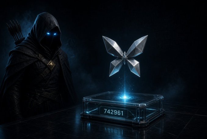 A hooded archer with glowing blue eyes stands beside a holographic crystalline emblem hovering over a glass pedestal displaying the number "742961," visually representing the verifiable randomness of Quip Network's QVRF system.