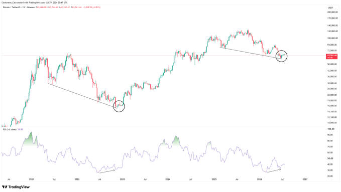 A TradingView candlestick chart of Bitcoin against USDT on Binance with technical analysis lines and RSI indicator, showing circled price action points from 2021 to 2026.