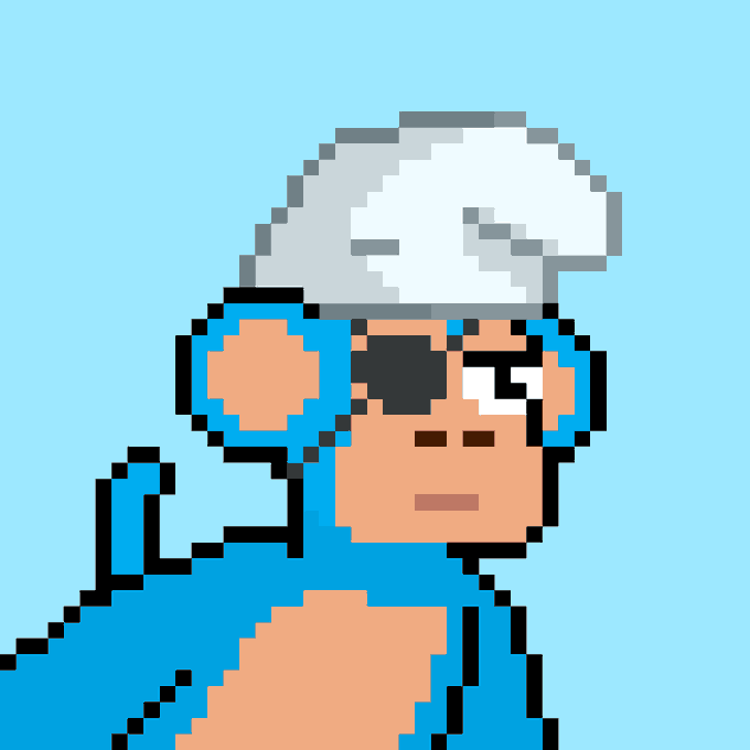 A pixel art illustration of a character with blue hair, sunglasses, and a white sailor hat against a light blue background.