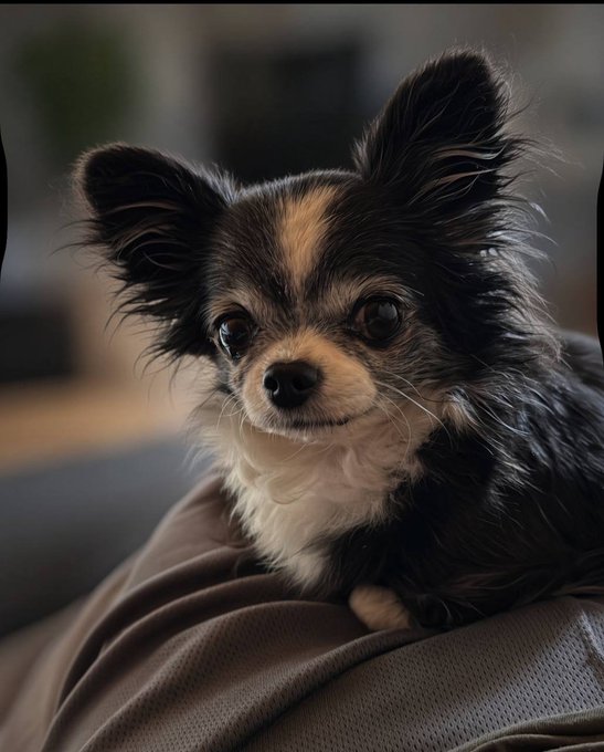 A long-haired black and tan Chihuahua sits attentively on a brown textured surface, looking directly at the camera.