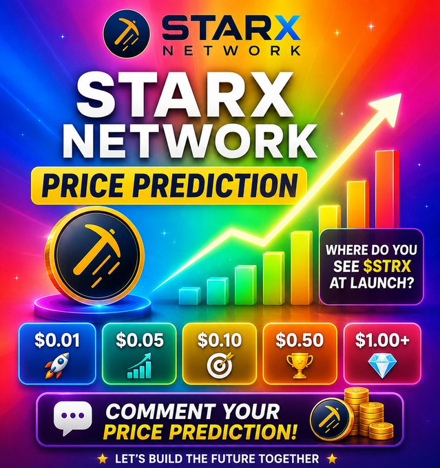 A vibrant promotional graphic for StarX Network ($STRX) featuring an upward-trending chart and bar graph, displaying price prediction tiers ranging from $0.01 to $1.00+ with the headline "STARX NETWORK PRICE PREDICTION" and a call-to-action prompting viewers to "Comment your price prediction!" alongside the tagline "Let's build the future together."