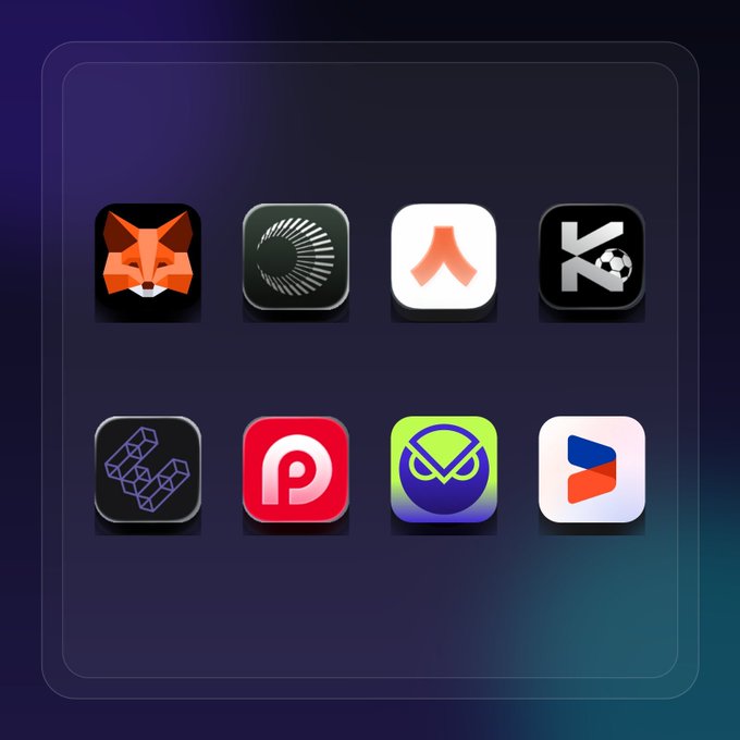 A dark blue screen displaying eight app icons in two rows of four, including a fox logo, a radial loading icon, an orange arrow symbol, a soccer ball 'K' logo, a purple 'L', a red 'P', an alien face, and a stylized 'Z'.