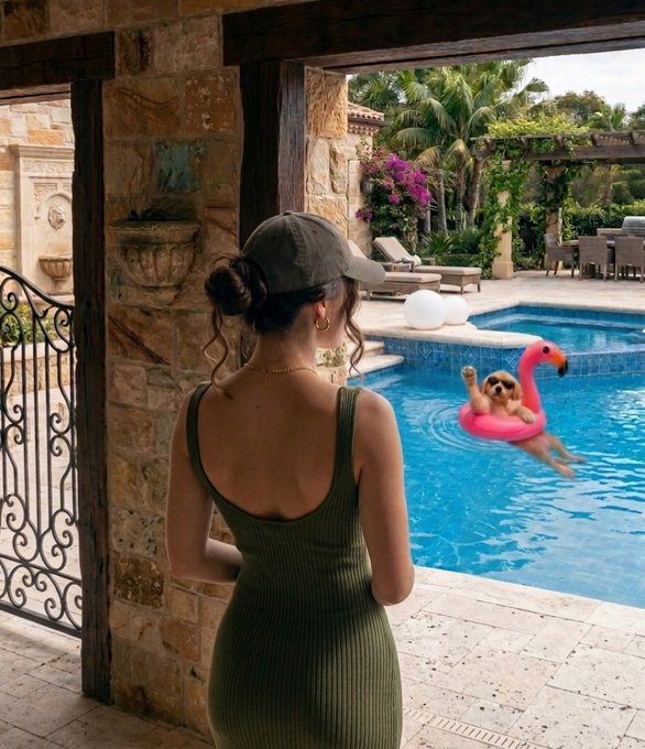 A woman in a green dress and cap looks out toward a swimming pool where a cat floats on a pink flamingo pool float.