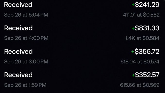 A screenshot of cryptocurrency 'Received' transactions on Sep 26, including amounts of +$241.29, +$831.33, +$356.72, and +$352.57 at various exchange rates.