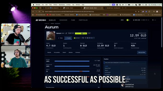 A livestream/podcast format shows two men on the left while the main screen displays a MOSH Bundles page for "Aurum" with trading stats; the subtitle reads "AS SUCCESSFUL AS POSSIBLE."