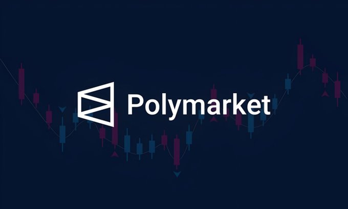 The Polymarket logo displayed over a background of a financial candlestick chart.