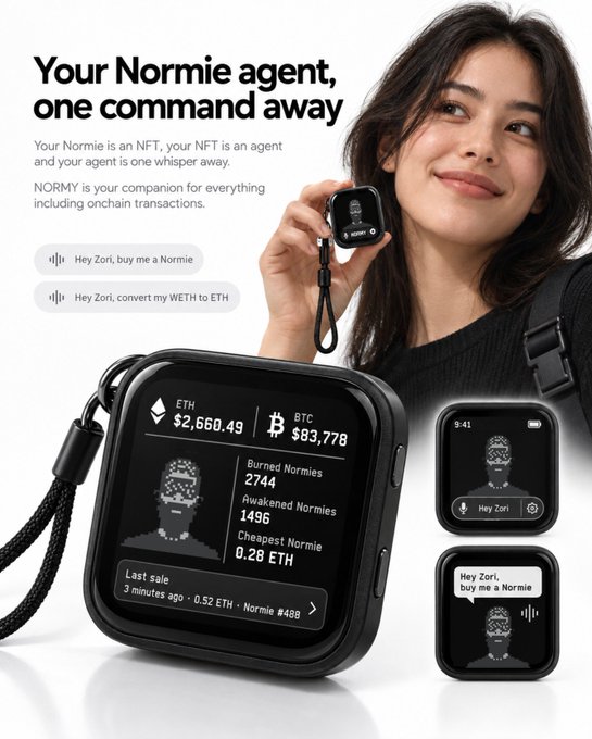 A woman holds up a small black square device displaying an NFT avatar and the name "Zori," alongside a larger view showing cryptocurrency prices (ETH $2,660.49, BTC $83,778), Normie NFT stats (burned: 2744, available: 1496, cheapest: 0.28 ETH), and voice command examples like "Hey Zori, buy me a Normie" and "Hey Zori, convert my WETH to ETH"—illustrating the NORMY pocket agent concept for blockchain transactions and crypto interactions.