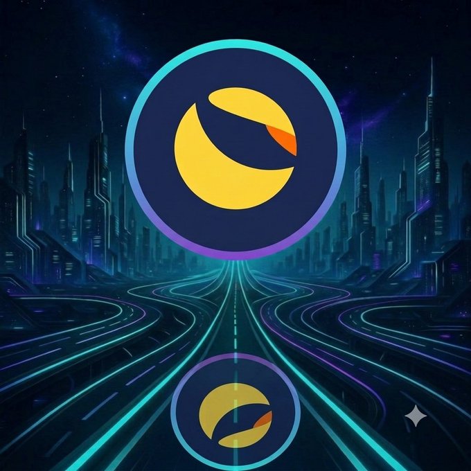 A glowing futuristic cityscape features the stylized "$LUNC" logo—depicting a yellow orb with an orange bite-like detail inside a blue-purple ring—prominently in the sky and reflected below on glowing neon highway lines, symbolizing the ongoing journey toward success referenced in the post.