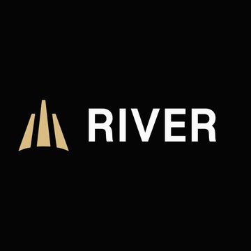 A logo for 'RIVER' featuring a stylized gold geometric icon resembling a road or abstract structure next to the white text on a black background.