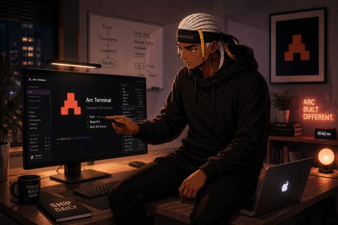 urn of flowers sits on a desk, accompanied by a computer monitor displaying "Arc Terminal" and a laptop with the message "ARC built different".