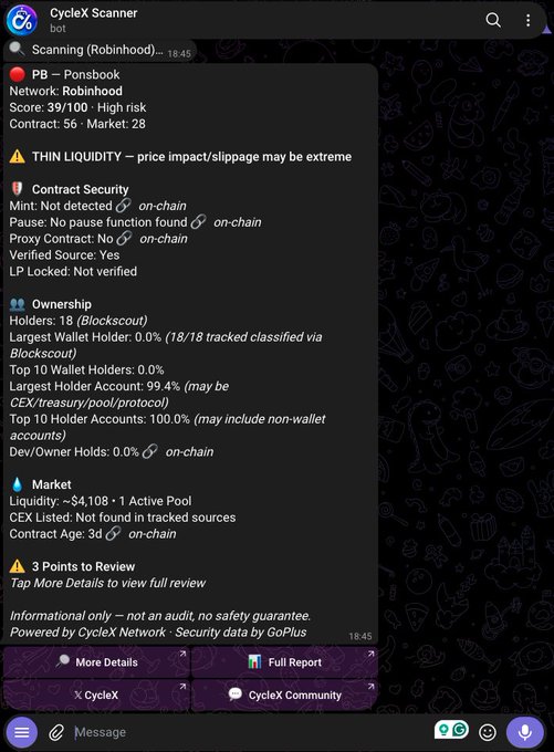 A screenshot from the CycleX Scanner Telegram bot analyzing a token called PB on the Robinhood network, showing a high-risk score of 39/100, ownership stats, and thin liquidity warnings.