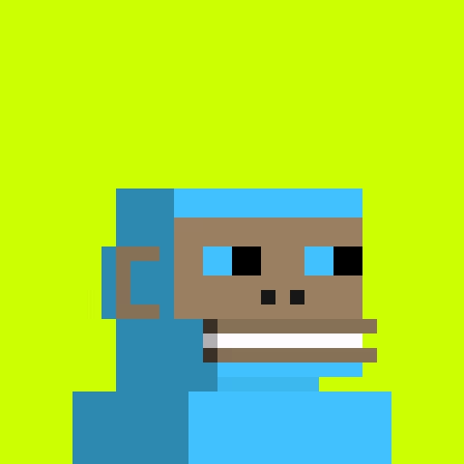 A pixel-art profile image of a chimp NFT character with a blue body, minimalist glasses, and a bald head, set against a bright yellow-green background. The image matches the post's description of a Robinhood Chimp collectible, specifically highlighting the "Blue" body type with its accessories.