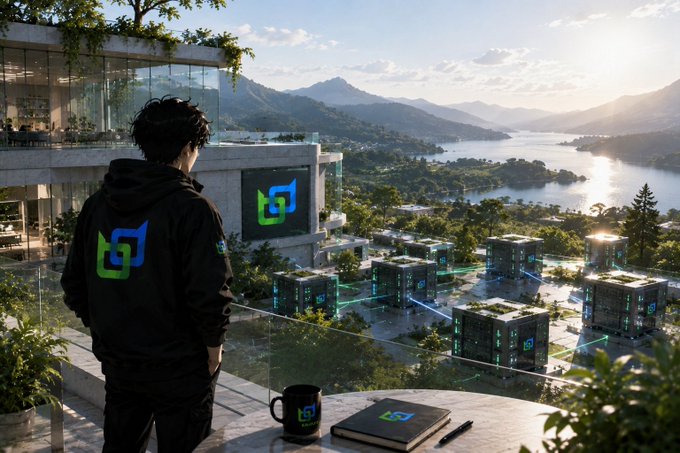 A digital illustration of a person in a black hoodie with a blue/green logo on the back, standing on a balcony overlooking a futuristic cityscape with interconnected holographic buildings near mountains and water, with a matching branded mug and notebook on the railing.