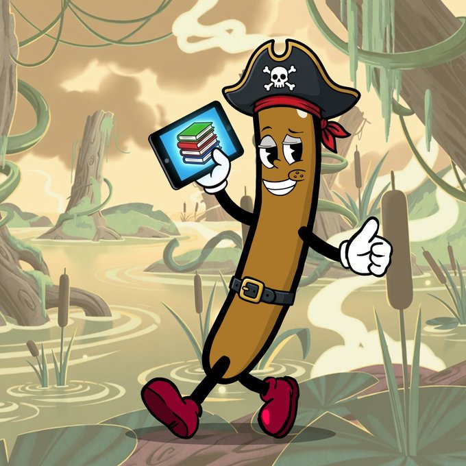 A cartoon illustration of a pirate-themed cigar character holding a tablet displaying books, walking through a swampy environment with his thumbs up.