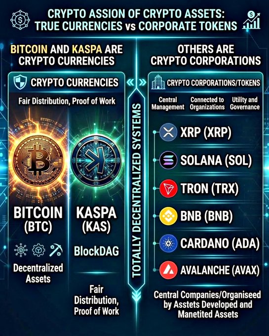 An infographic titled 'CRYPTO ASSION OF CRYPTO ASSETS' compares 'Crypto Currencies' (Bitcoin, Kaspa) against 'Crypto Corporations/Tokens' (XRP, Solana, Tron, BNB, Cardano, Avalanche).