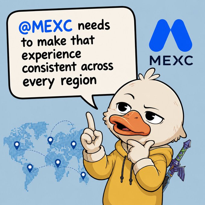 A cartoon duck in a yellow hoodie points thoughtfully while a speech bubble reads "@MEXC needs to make that experience consistent across every region," with the MEXC logo displayed above and a world map with location pins below—illustrating the post's call for global consistency in MEXC's user experience.