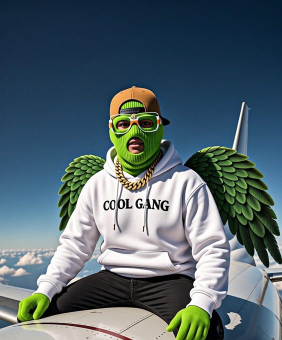 A 3D-rendered character with green skin wearing a green ski mask, sunglasses, an orange cap, and a white 'COOL GANG' hoodie, sitting on an airplane wing with green angel wings.