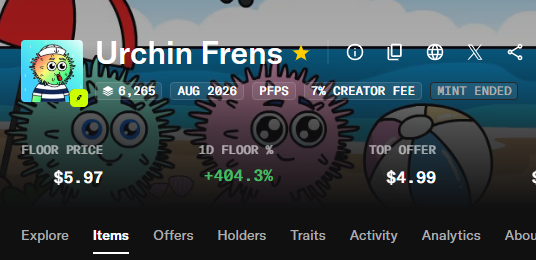 Screenshot of an 'Urchin Frens' NFT collection page showing a floor price of $5.97 and top offer of $4.99, with a +404.3% 1D floor percentage change and cute cartoon urchin characters in the background.