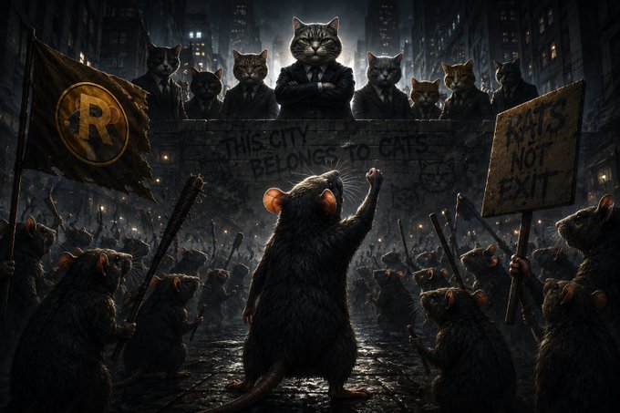 A dystopian digital artwork showing an army of rats armed with weapons confronting a group of cats in suits behind a brick wall, with signs reading "THIS CITY BELONGS TO CATS" and "RATS NOT EXIT," and a flag bearing an "R" logo.